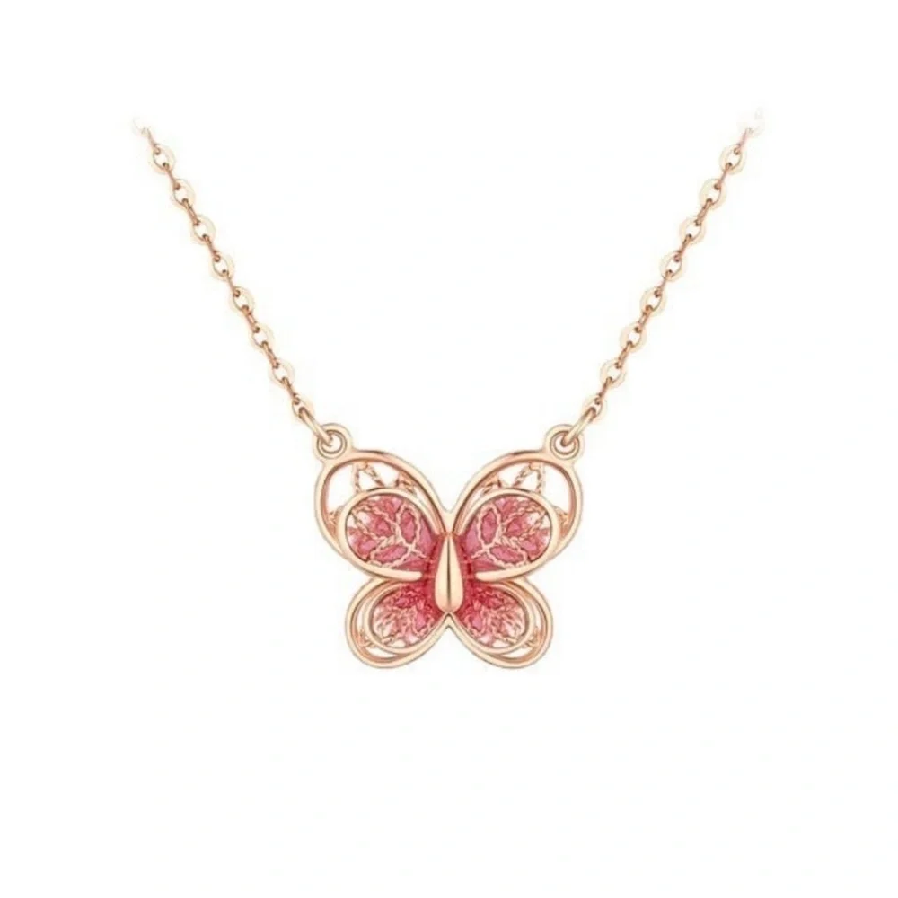 Elegant Cold Tone & Pink Butterfly Pendant Necklace - NWOT